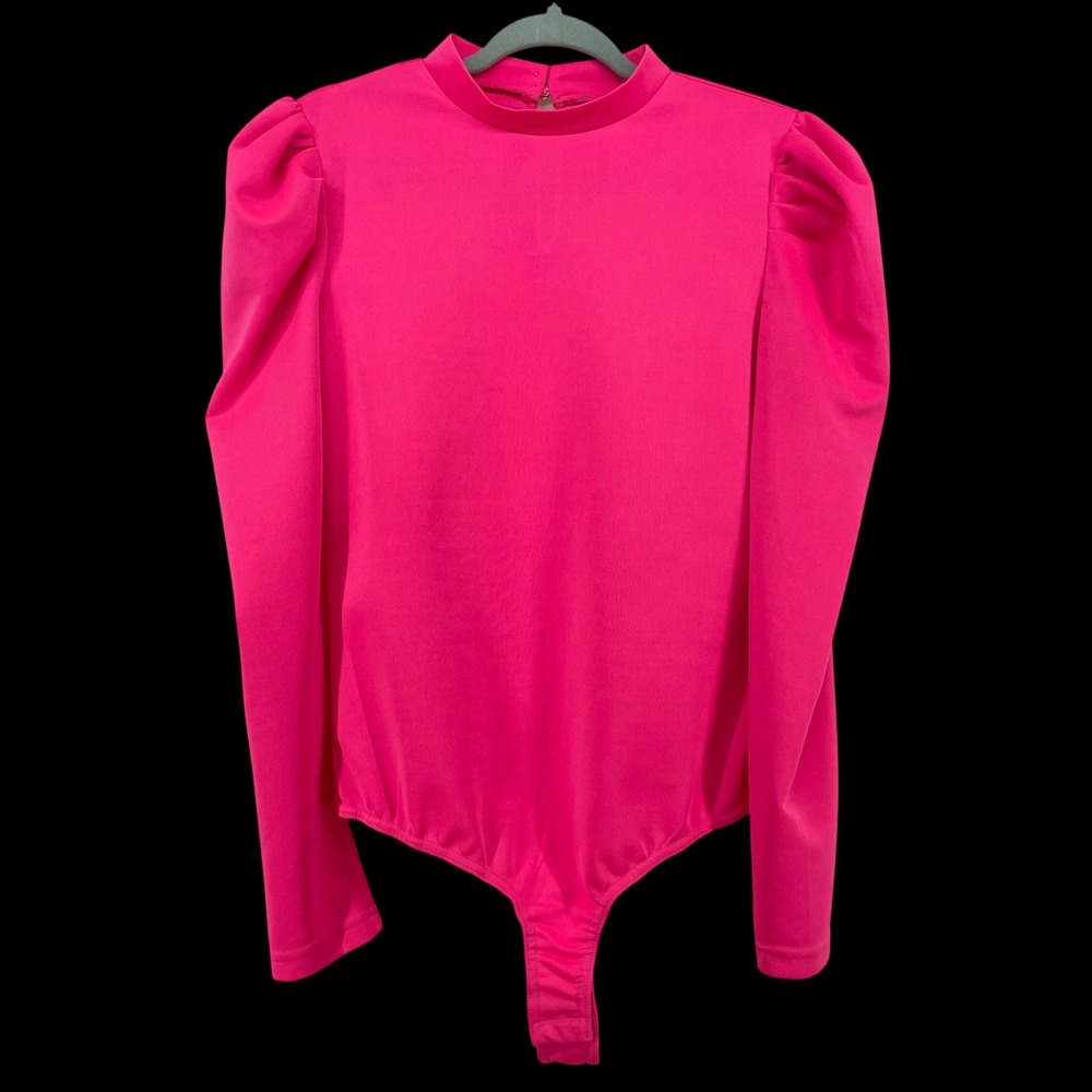 New York & Company Size M Bodysuit Hot Pink Puff Sleeve Mock Neck Womens